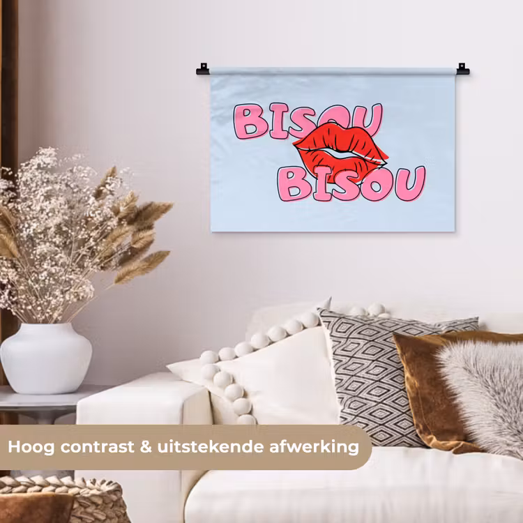 Bisou - Blauw - Roze - Lippen Wandkleed katoen klein -sfeer1