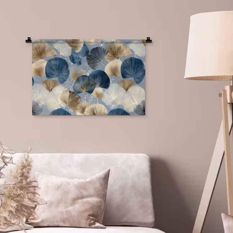 Bladeren - Abstract - Goud - Blauw Wandkleed katoen klein -sfeer4