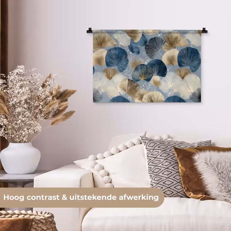 Bladeren - Abstract - Goud - Blauw Wandkleed katoen klein -sfeer1