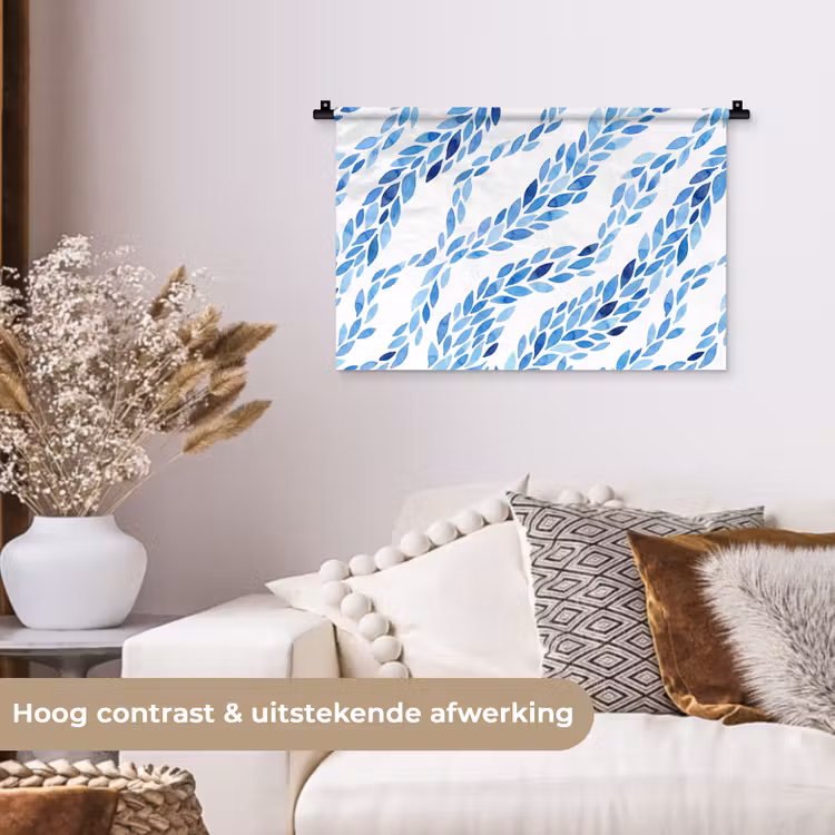Bladeren - Aquarel - Patroon - Modern - Blauw Wandkleed katoen klein -sfeer1