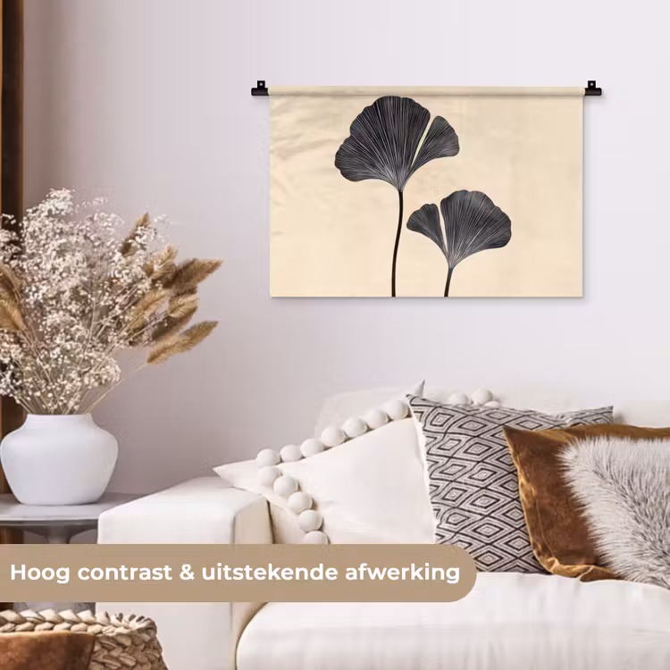 Bladeren - Minimalistisch - Zwart Wandkleed katoen klein -sfeer1