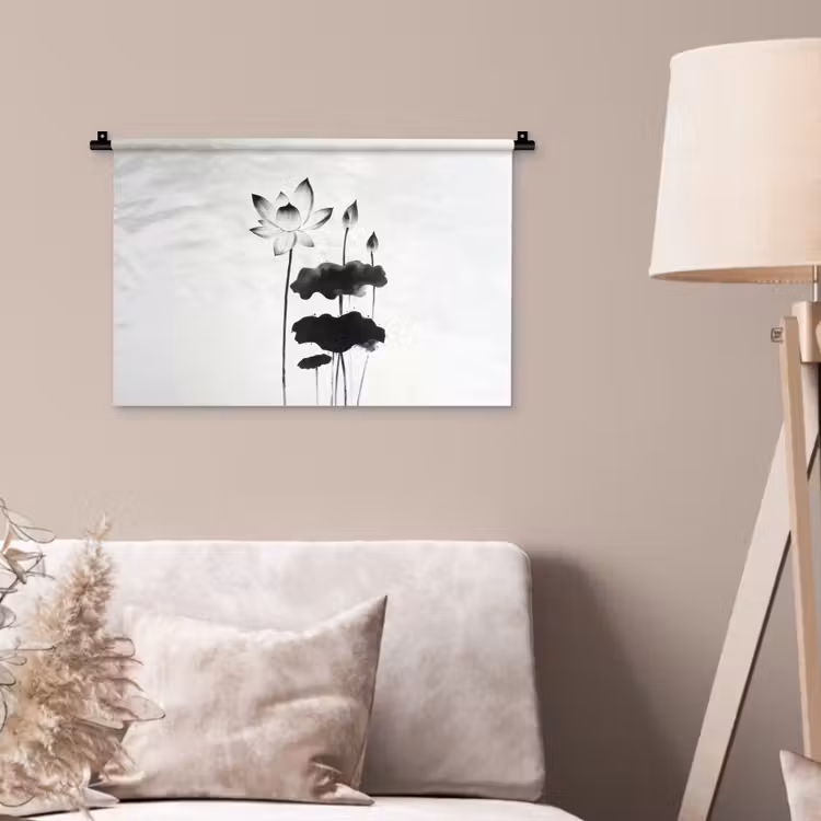Bladeren - Zwart - Lotusbloem - Minimalitisch Wandkleed katoen klein -sfeer4