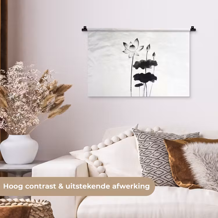 Bladeren - Zwart - Lotusbloem - Minimalitisch Wandkleed katoen klein -sfeer1