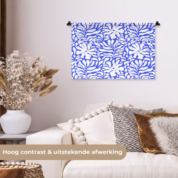 Blauw - Bloemen - Wit Wandkleed katoen klein 269 -sfeer1