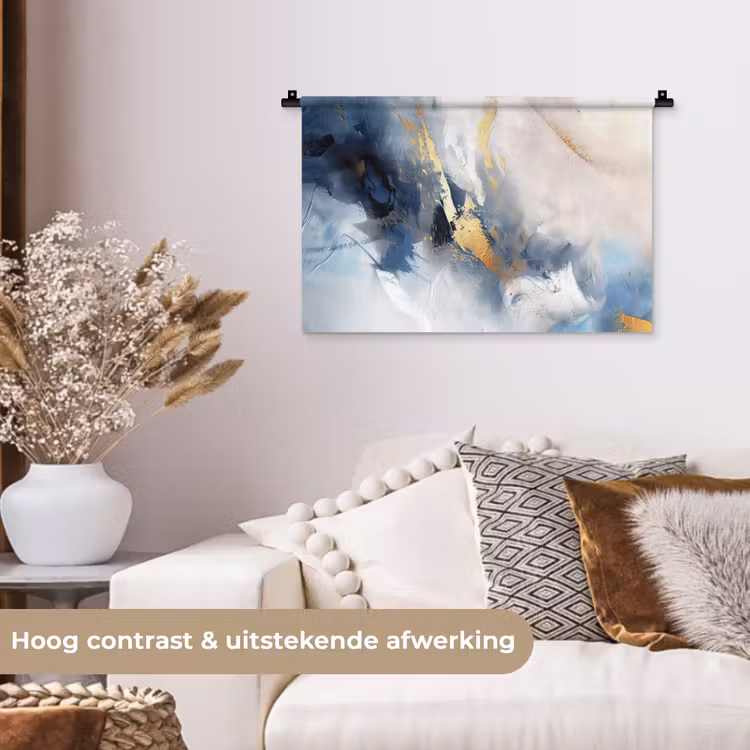 Blauw - Modern - Marmer - Abstract - Goud Wandkleed katoen klein -sfeer1