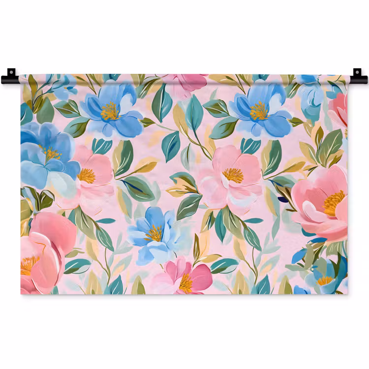 Blauw - Roze - Bloemen Wandkleed katoen klein -zz3d