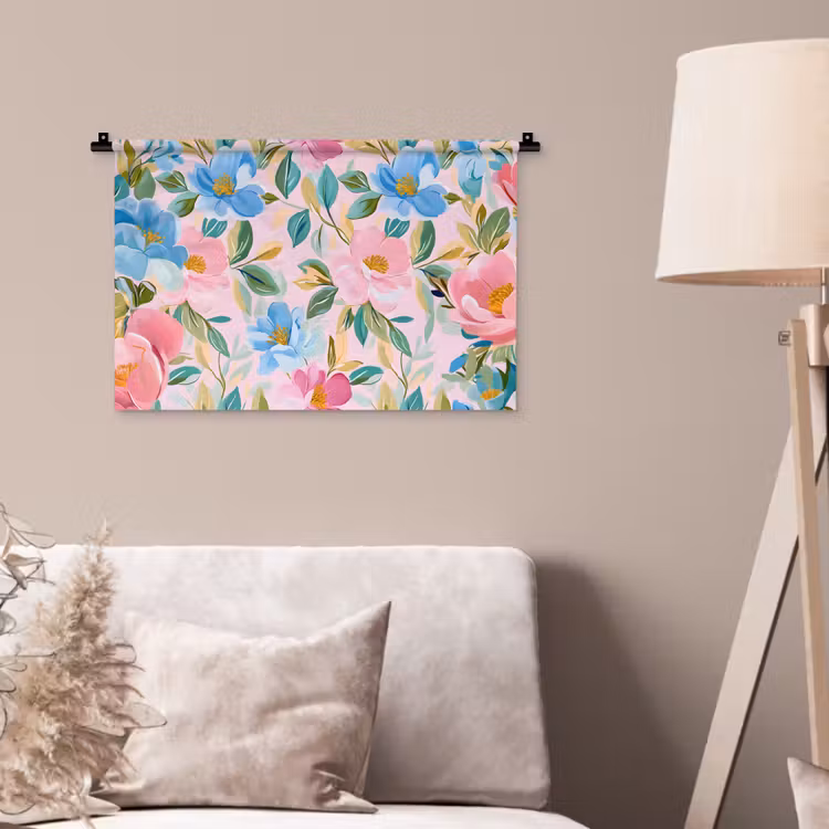 Blauw - Roze - Bloemen Wandkleed katoen klein -sfeer4