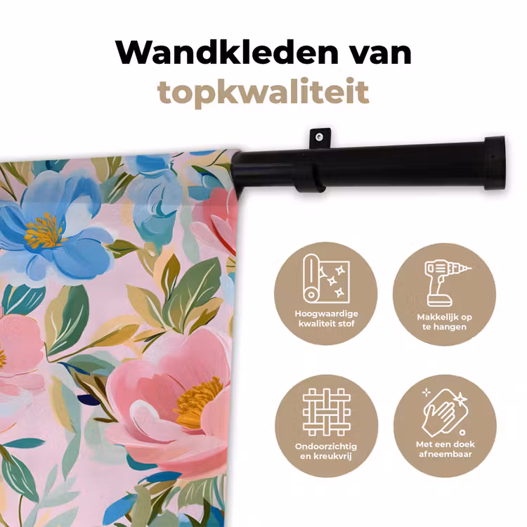 Blauw - Roze - Bloemen Wandkleed katoen klein -sfeer2