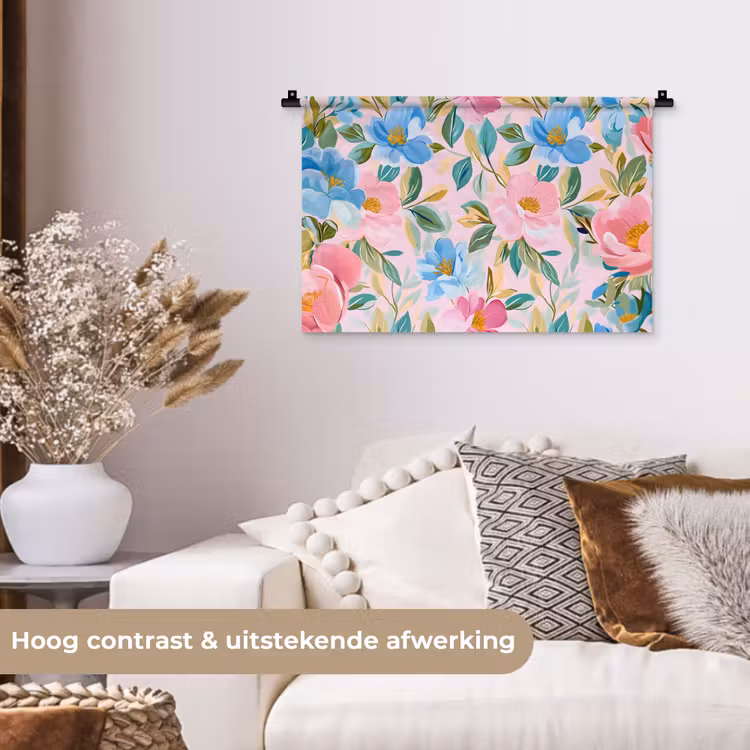 Blauw - Roze - Bloemen Wandkleed katoen klein -sfeer1