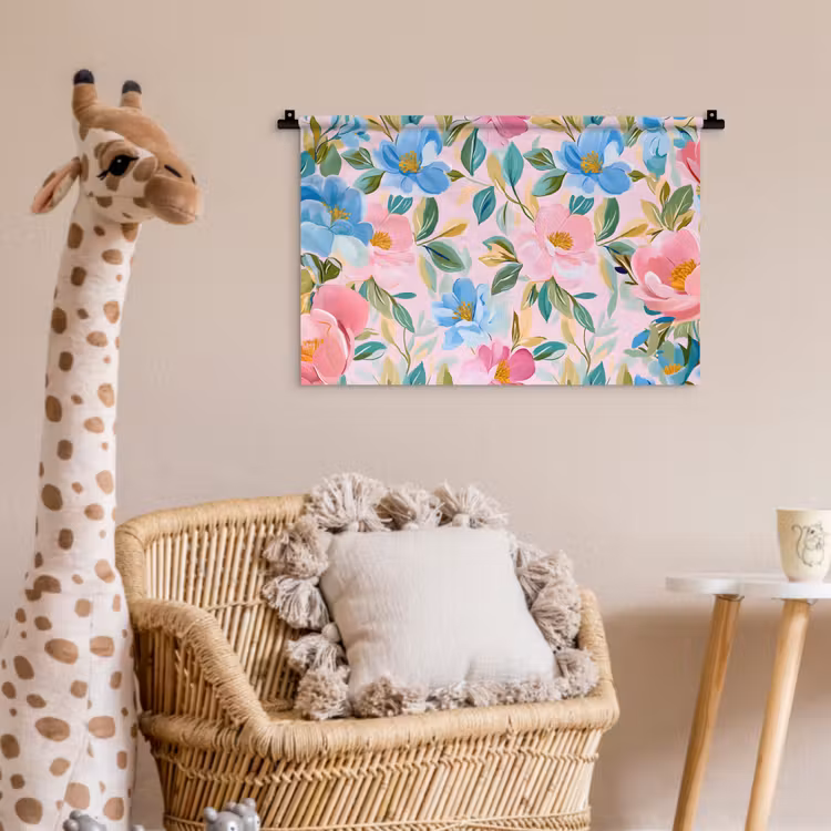 Blauw - Roze - Bloemen Wandkleed katoen klein -wsfeer5_kind