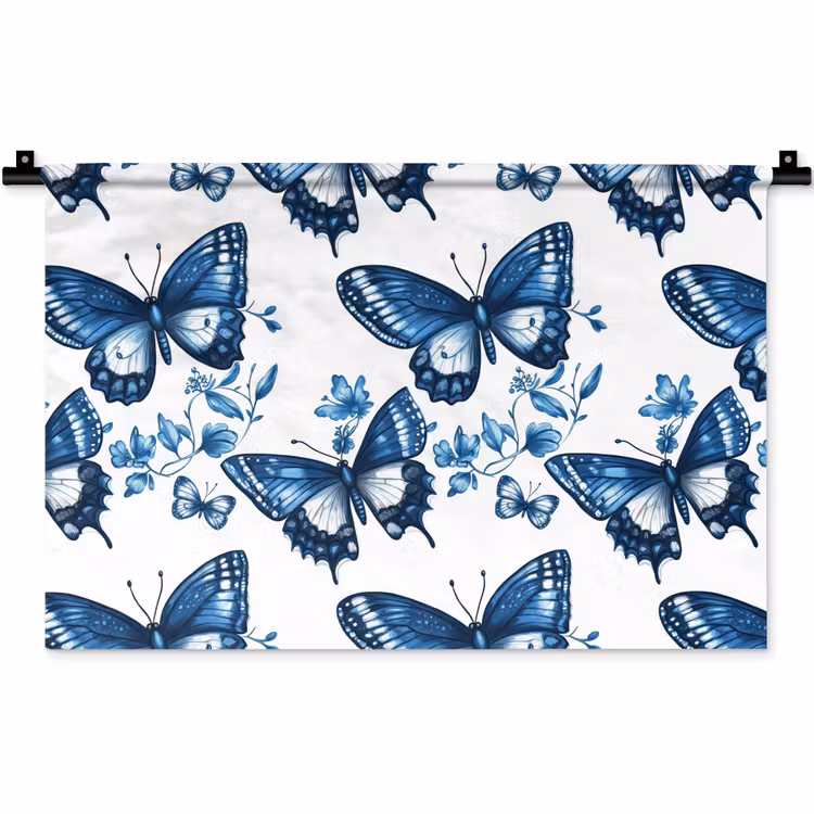 Blauw - Vlinders - Bloemen - Wit Wandkleed katoen klein 269 -zz3d