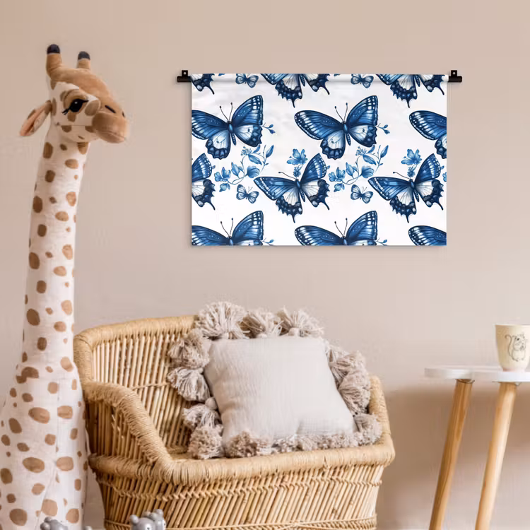 Blauw - Vlinders - Bloemen - Wit Wandkleed katoen klein 269 -wsfeer5_kind