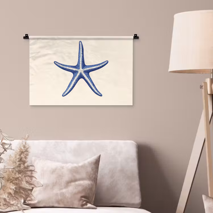 Blauwe zeester - Minimalistisch - Beige Wandkleed katoen klein -sfeer4