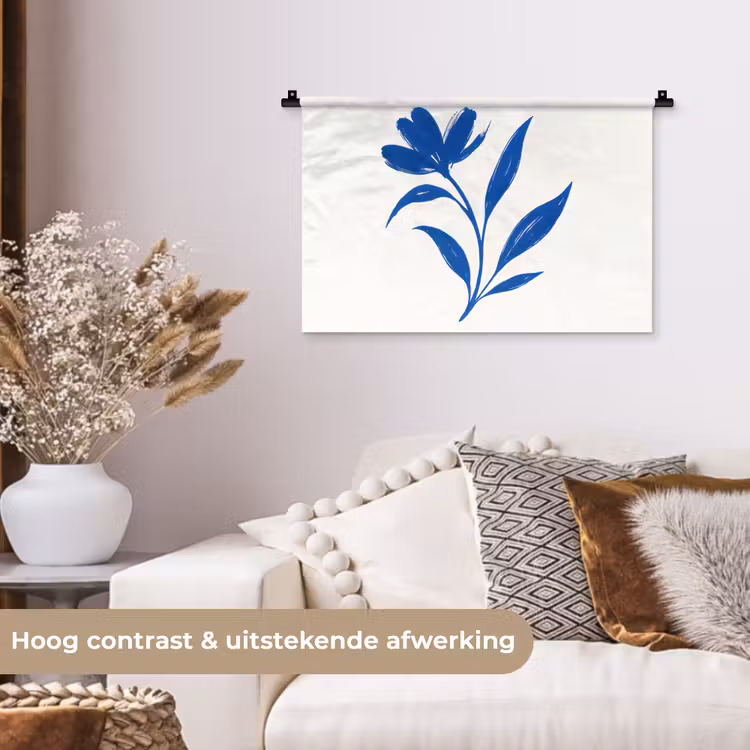 Bloem - Blaadjes - Minimalistisch - Blauw Wandkleed katoen klein -sfeer1