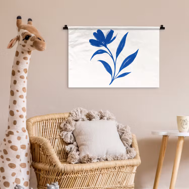 Bloem - Blaadjes - Minimalistisch - Blauw Wandkleed katoen klein -wsfeer5_kind