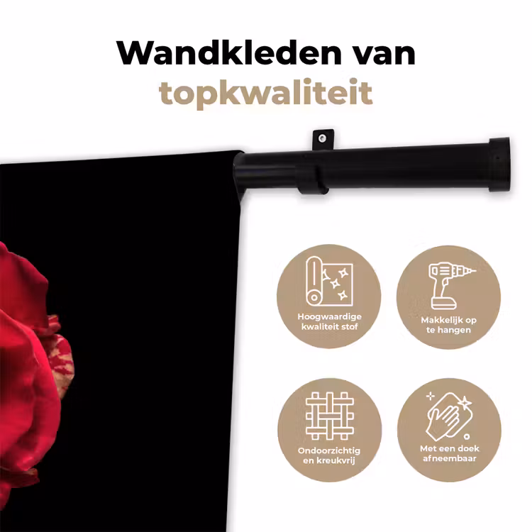 Bloem - Roos - Rood - Zwart Wandkleed katoen klein -sfeer2