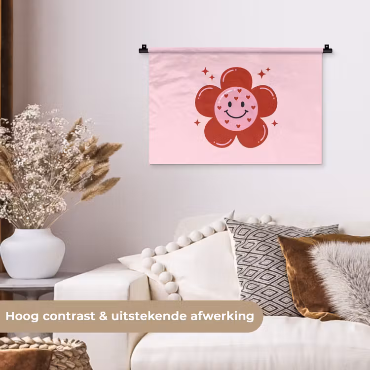Bloem - Roze - Hartjes Wandkleed katoen klein -sfeer1