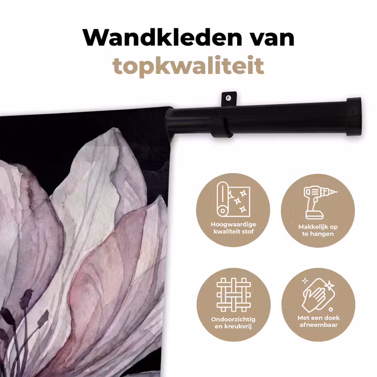 Bloemen - Aquarel - Modern - Roze - Donker Wandkleed katoen klein -sfeer2
