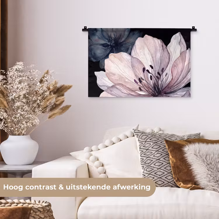 Bloemen - Aquarel - Modern - Roze - Donker Wandkleed katoen klein -sfeer1