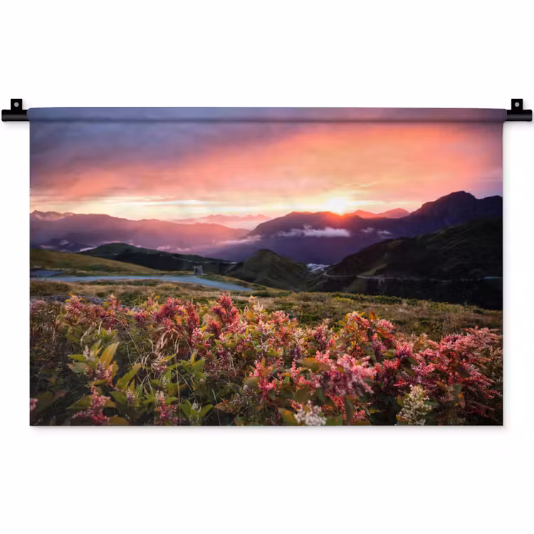 Bloemen - Bergen - Landschap - Nacht - Lucht - Roze Wandkleed katoen klein -zz3d