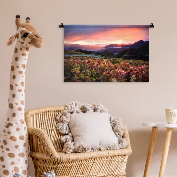 Bloemen - Bergen - Landschap - Nacht - Lucht - Roze Wandkleed katoen klein -wsfeer5_kind