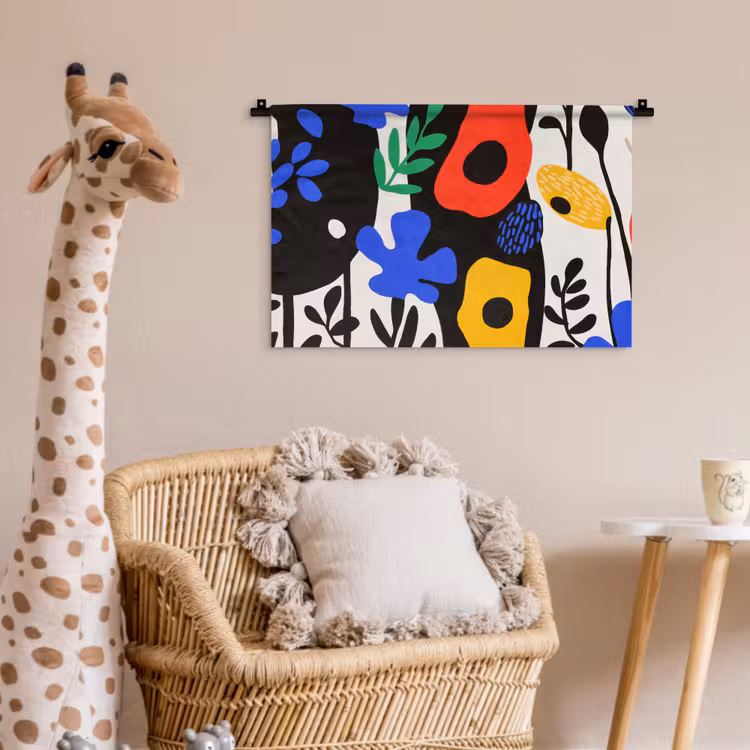 Bloemen - Bladeren - Abstract - Zwart Wandkleed katoen klein -wsfeer5_kind
