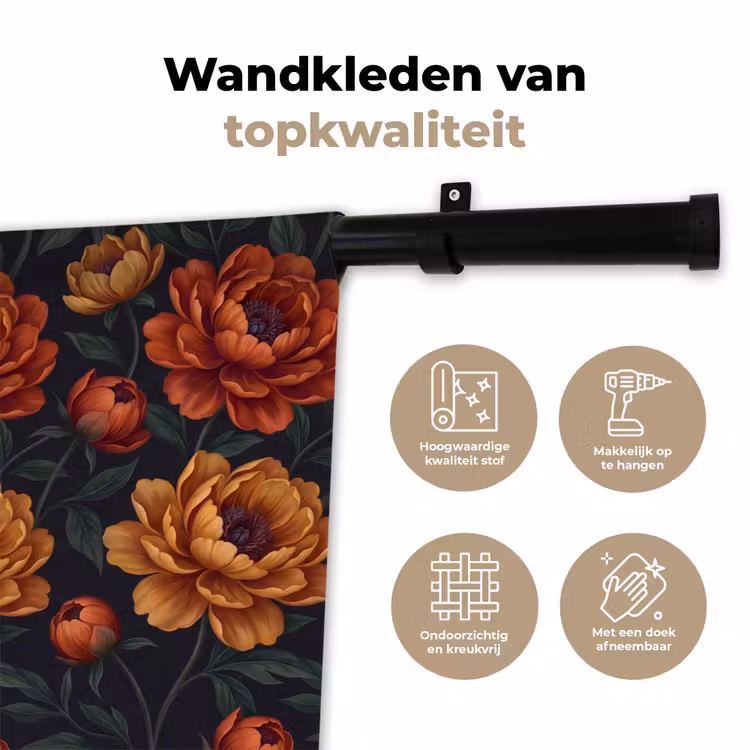 Bloemen - Bladeren - Natuur - Modern - Oranje Wandkleed katoen klein -sfeer2