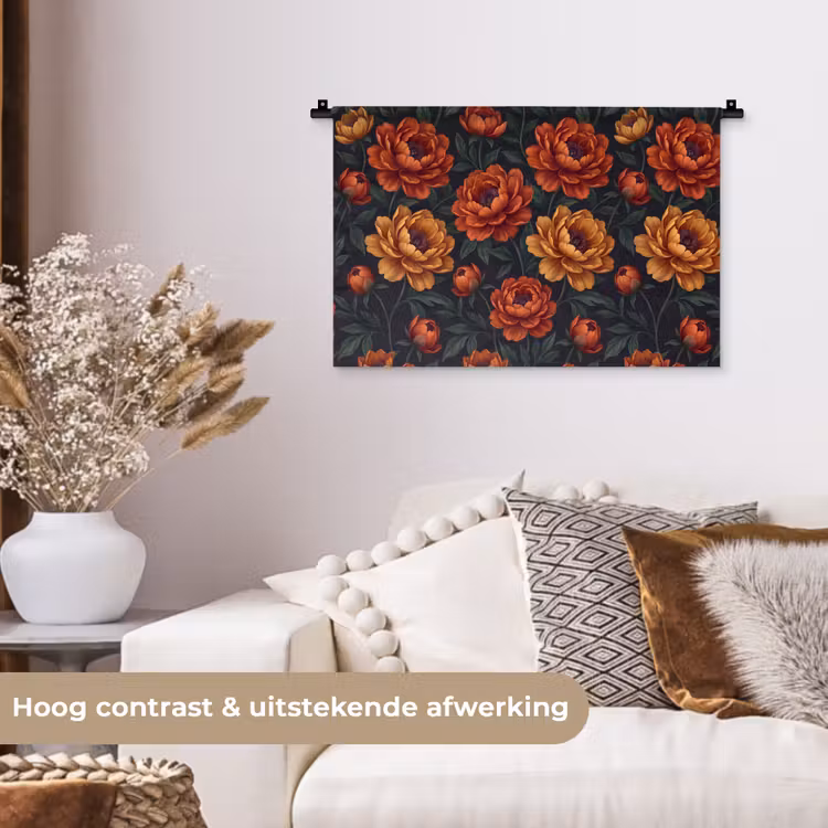 Bloemen - Bladeren - Natuur - Modern - Oranje Wandkleed katoen klein -sfeer1
