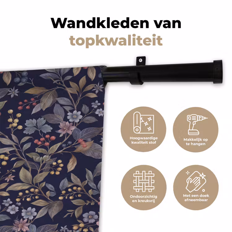 Bloemen - Bladeren - Patroon - Botanisch - Donkerblauw Wandkleed katoen klein -sfeer2