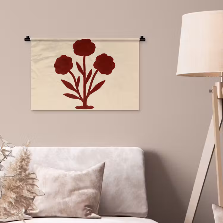 Bloemen - Bladeren - Rood - Minimalistisch Wandkleed katoen klein -sfeer4