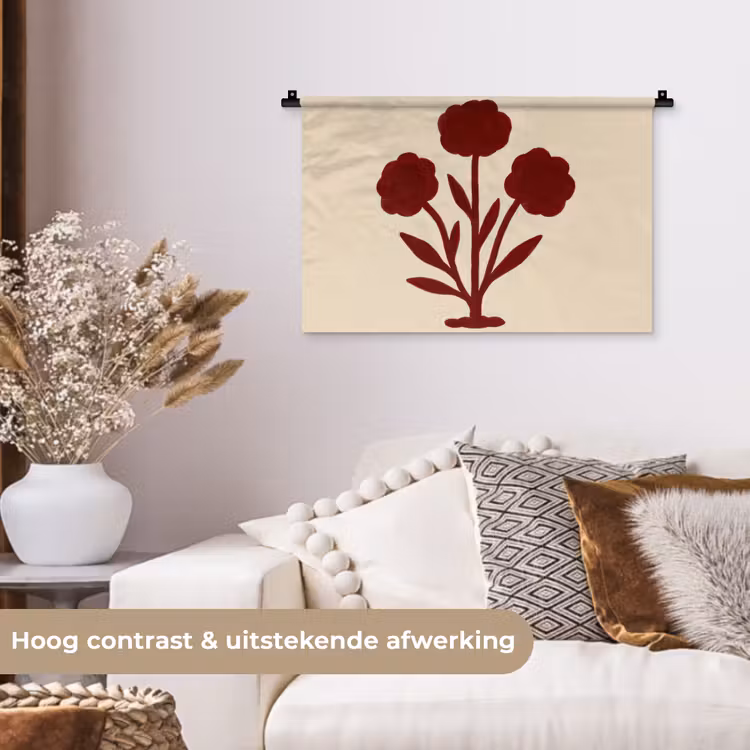 Bloemen - Bladeren - Rood - Minimalistisch Wandkleed katoen klein -sfeer1