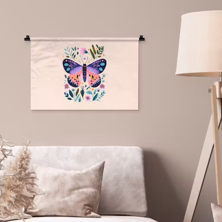Bloemen - Bladeren - Vlinder - Kleurrijk Wandkleed katoen klein -sfeer4