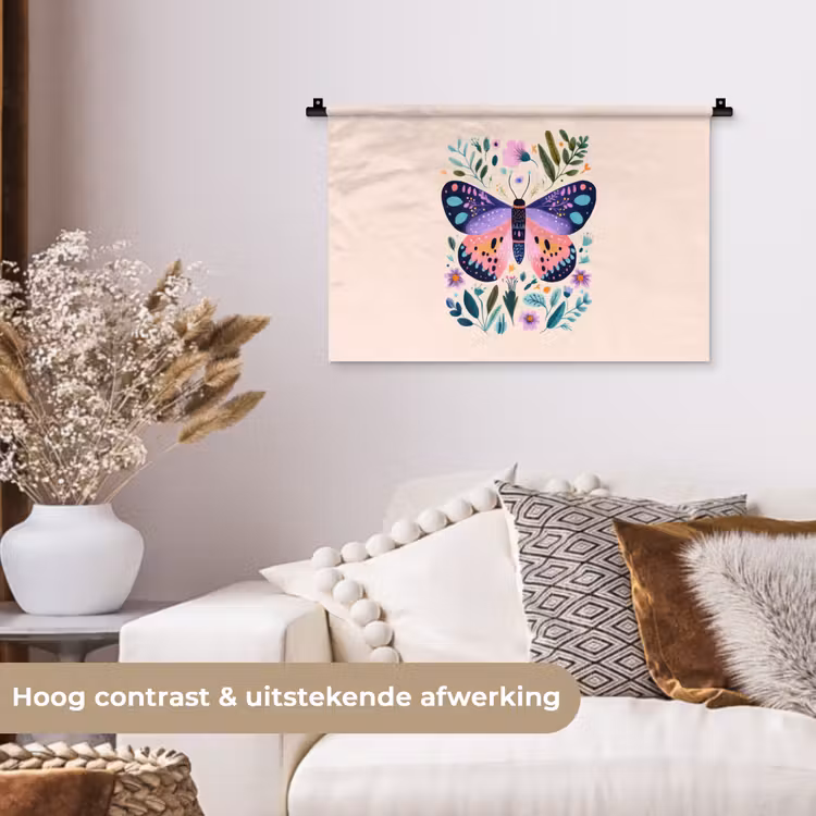 Bloemen - Bladeren - Vlinder - Kleurrijk Wandkleed katoen klein -sfeer1