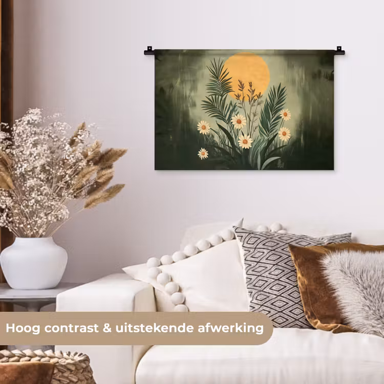 Bloemen - Bladeren - Zon - Groen Wandkleed katoen klein -sfeer1