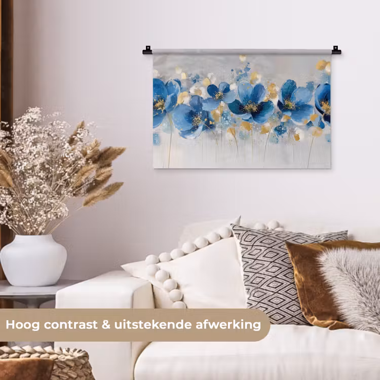 Bloemen - Blauw - Abstract Wandkleed katoen klein -sfeer1
