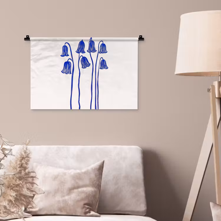 Bloemen - Blauw - Lijnen - Bloemblaadjes Wandkleed katoen klein -sfeer4