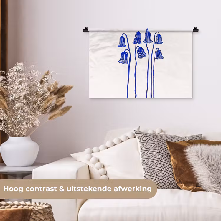Bloemen - Blauw - Lijnen - Bloemblaadjes Wandkleed katoen klein -sfeer1