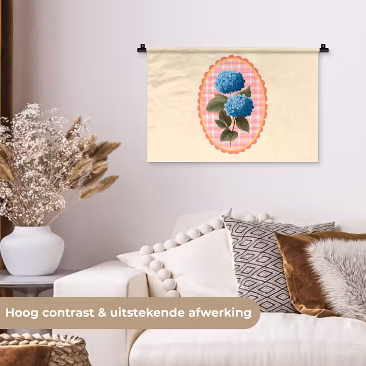 Bloemen - Blauw - Lijst - Bladeren Wandkleed katoen klein -sfeer1