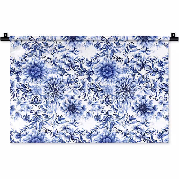 Bloemen - Blauw - Patroon - Wit Wandkleed katoen klein 269 -zz3d