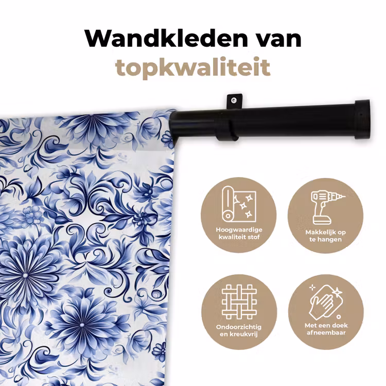 Bloemen - Blauw - Patroon - Wit Wandkleed katoen klein 269 -sfeer2