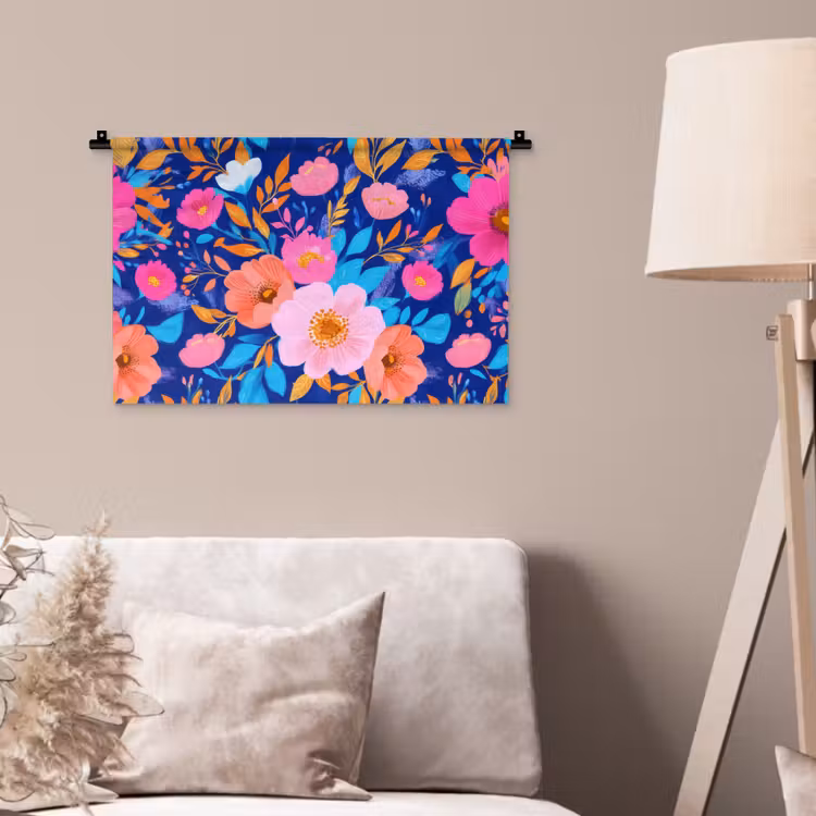 Bloemen - Blauw - Roze Wandkleed katoen klein -sfeer4