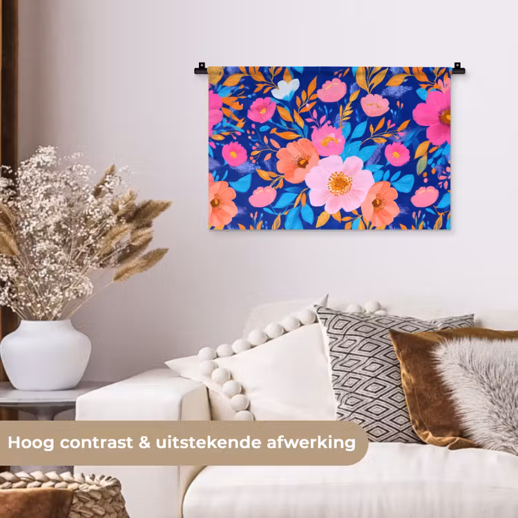 Bloemen - Blauw - Roze Wandkleed katoen klein -sfeer1