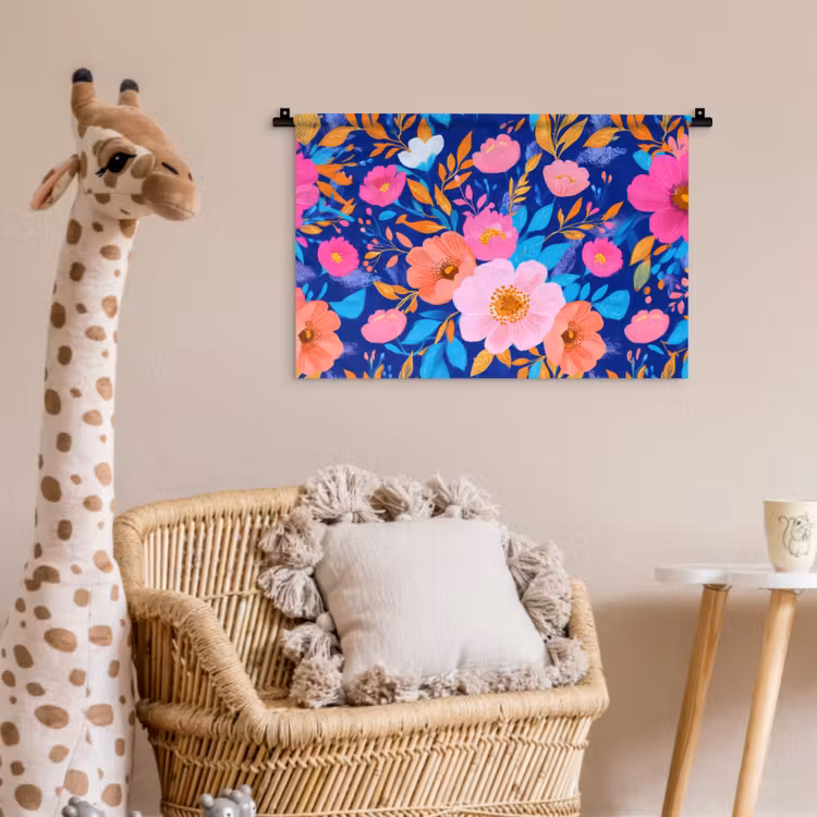 Bloemen - Blauw - Roze Wandkleed katoen klein -wsfeer5_kind