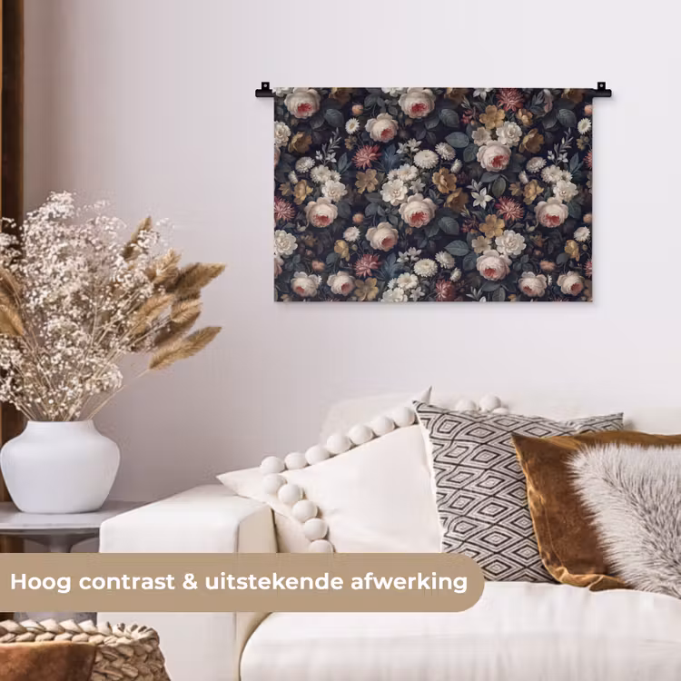 Bloemen - Boeket - Botanisch - Vintage - Donkere achtergrond Wandkleed katoen klein -sfeer1