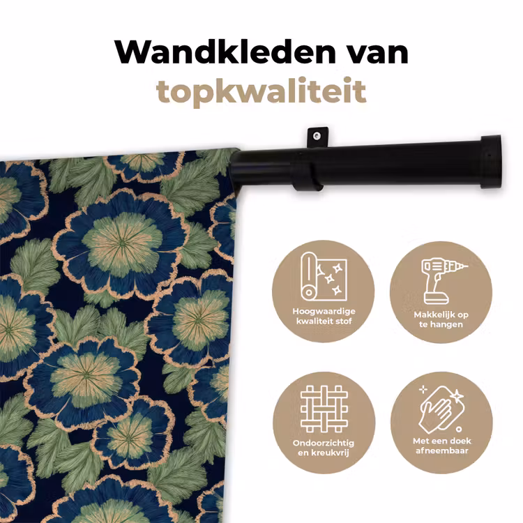 Bloemen - Borduurwerk - Patroon - Blauw - Groen Wandkleed katoen klein 269 -sfeer2