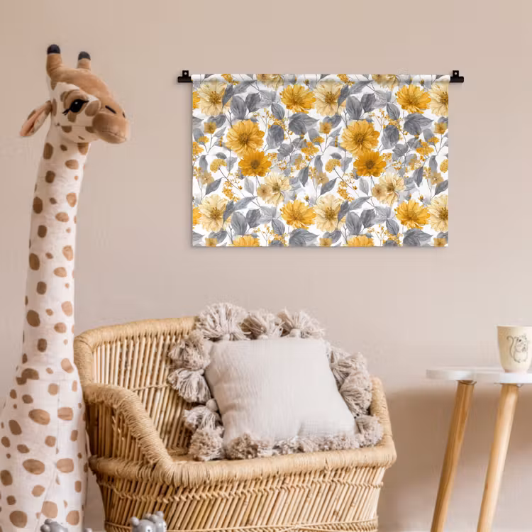 Bloemen - Botanisch - Elegant - Okergeel - Grijs Wandkleed katoen klein 269 -wsfeer5_kind