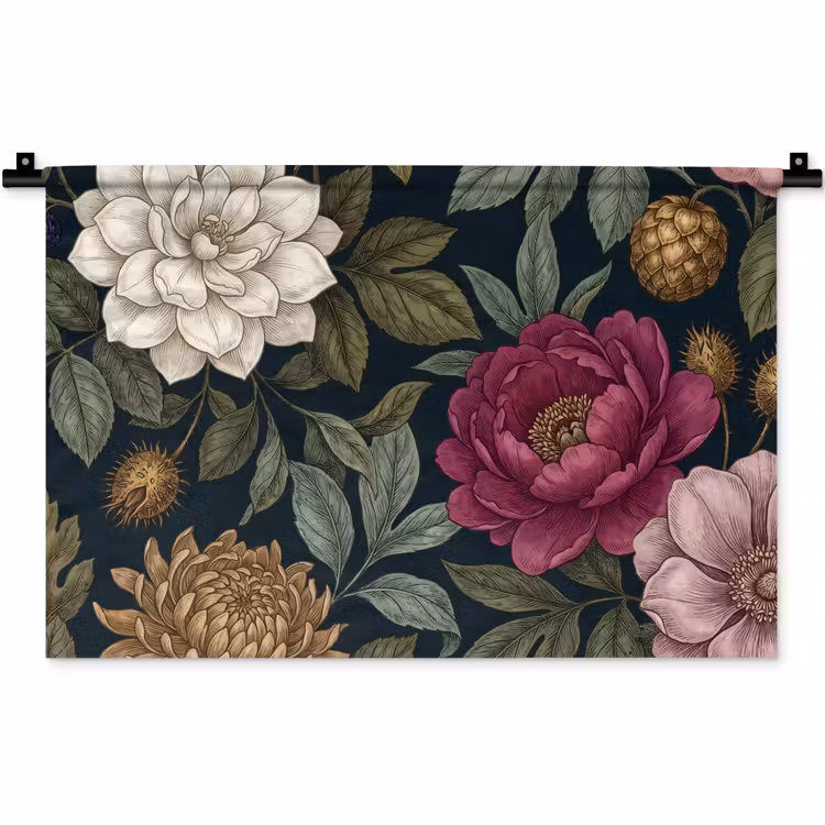 Bloemen - Botanisch - Illustratie - Donker - Vintage Wandkleed katoen klein -zz3d