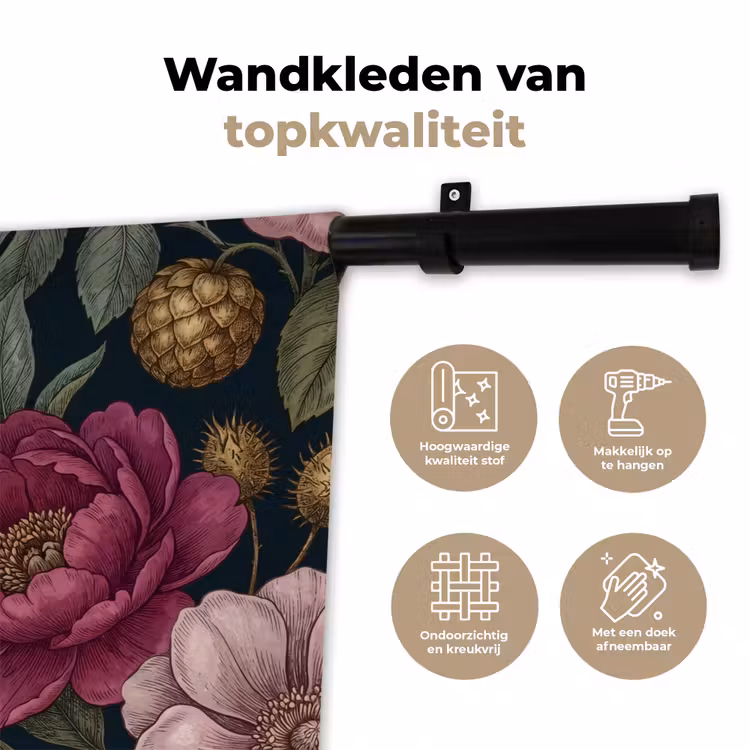 Bloemen - Botanisch - Illustratie - Donker - Vintage Wandkleed katoen klein -sfeer2
