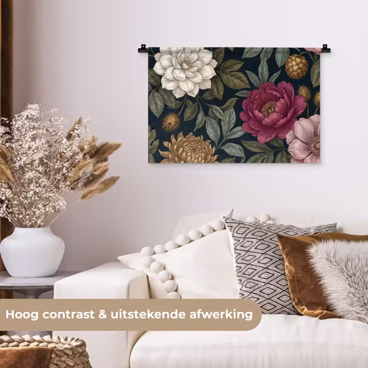 Bloemen - Botanisch - Illustratie - Donker - Vintage Wandkleed katoen klein -sfeer1