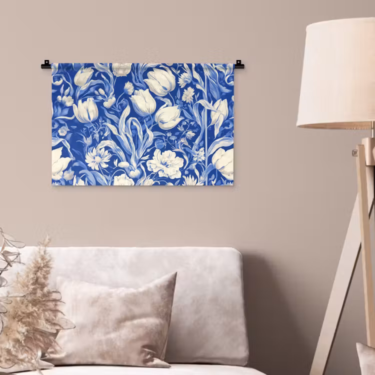 Bloemen - Delfts Blauw - Patroon - Tulp Wandkleed katoen klein -sfeer4